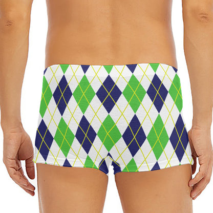 Navy Green And White Argyle Print Men's Short Boxer Briefs