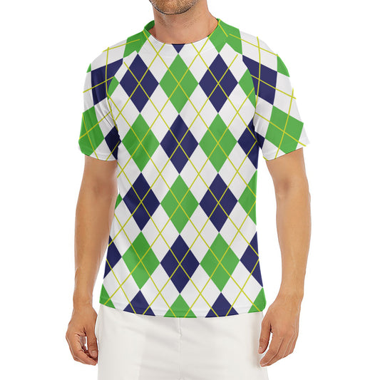 Navy Green And White Argyle Print Men's Short Sleeve Rash Guard