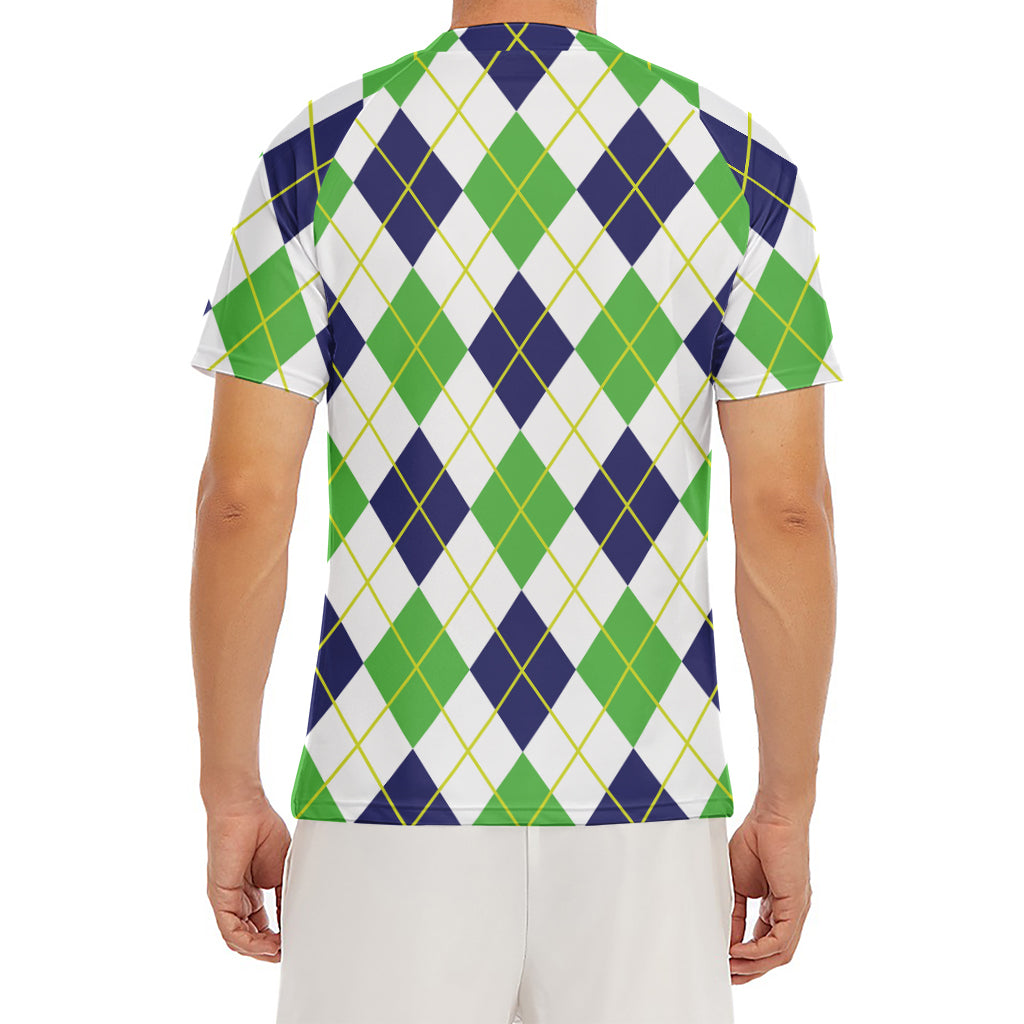 Navy Green And White Argyle Print Men's Short Sleeve Rash Guard