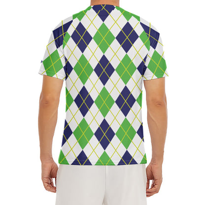 Navy Green And White Argyle Print Men's Short Sleeve Rash Guard