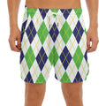 Navy Green And White Argyle Print Men's Split Running Shorts