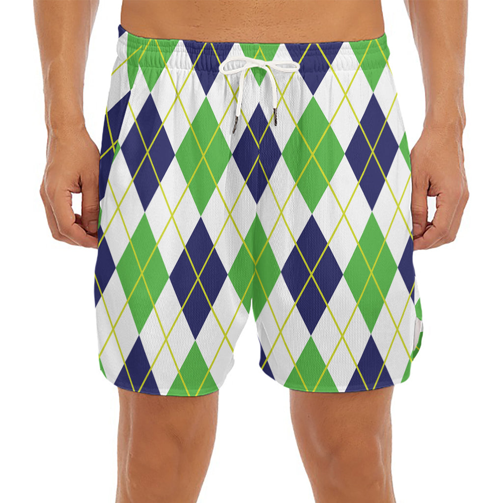 Navy Green And White Argyle Print Men's Split Running Shorts