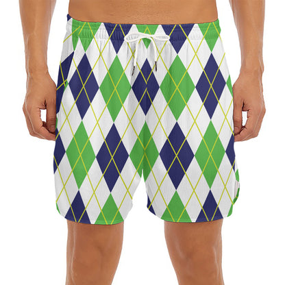 Navy Green And White Argyle Print Men's Split Running Shorts