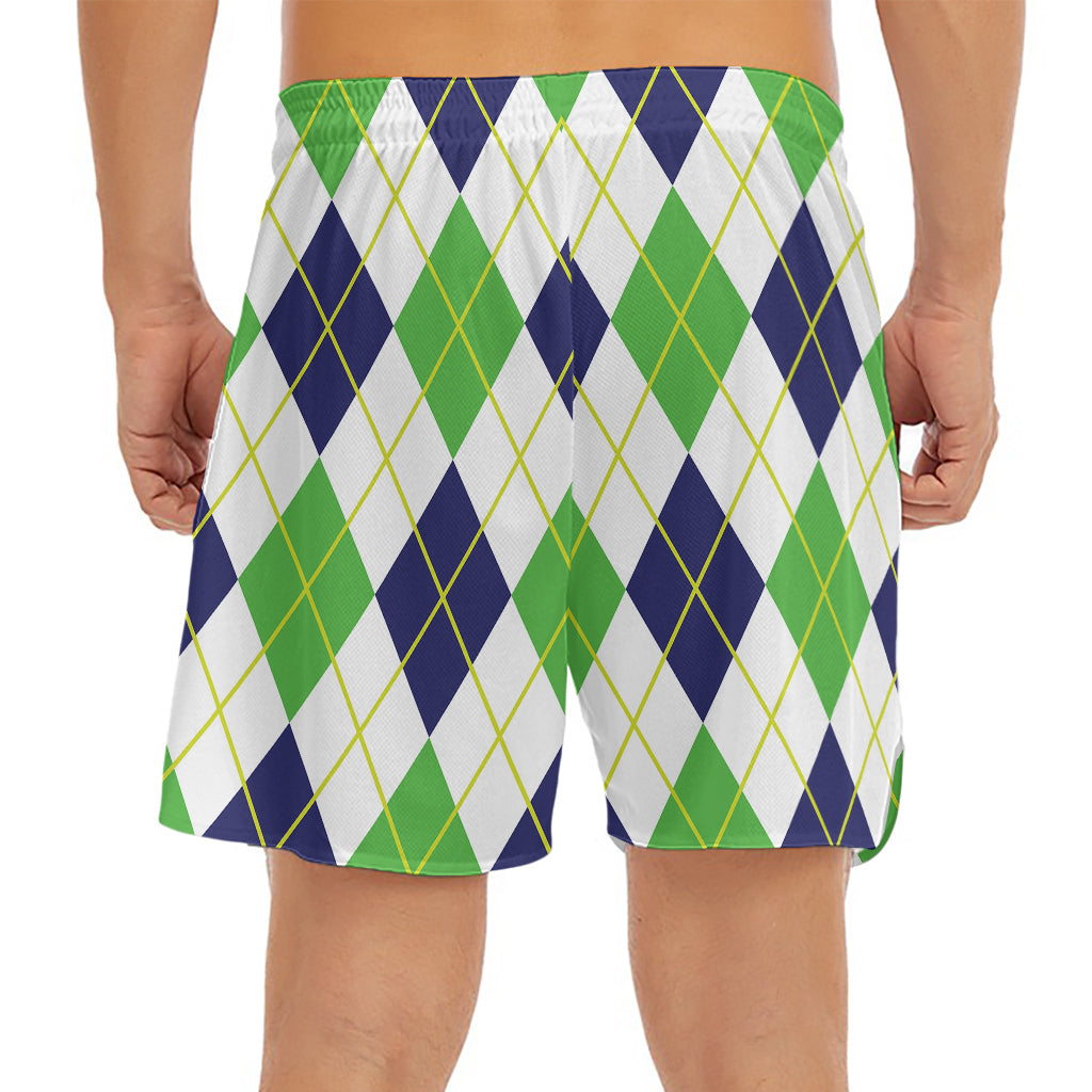 Navy Green And White Argyle Print Men's Split Running Shorts