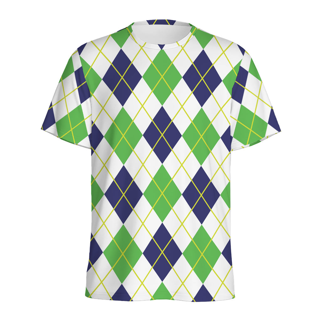 Navy Green And White Argyle Print Men's Sports T-Shirt