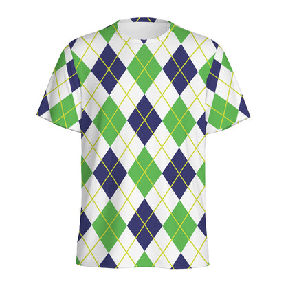 Navy Green And White Argyle Print Men's Sports T-Shirt