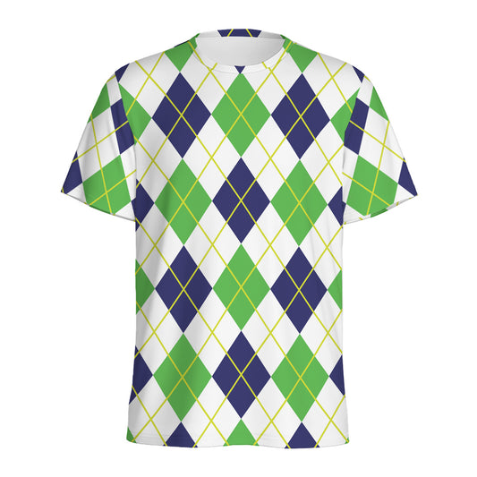 Navy Green And White Argyle Print Men's Sports T-Shirt