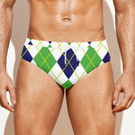Navy Green And White Argyle Print Men's Swim Briefs