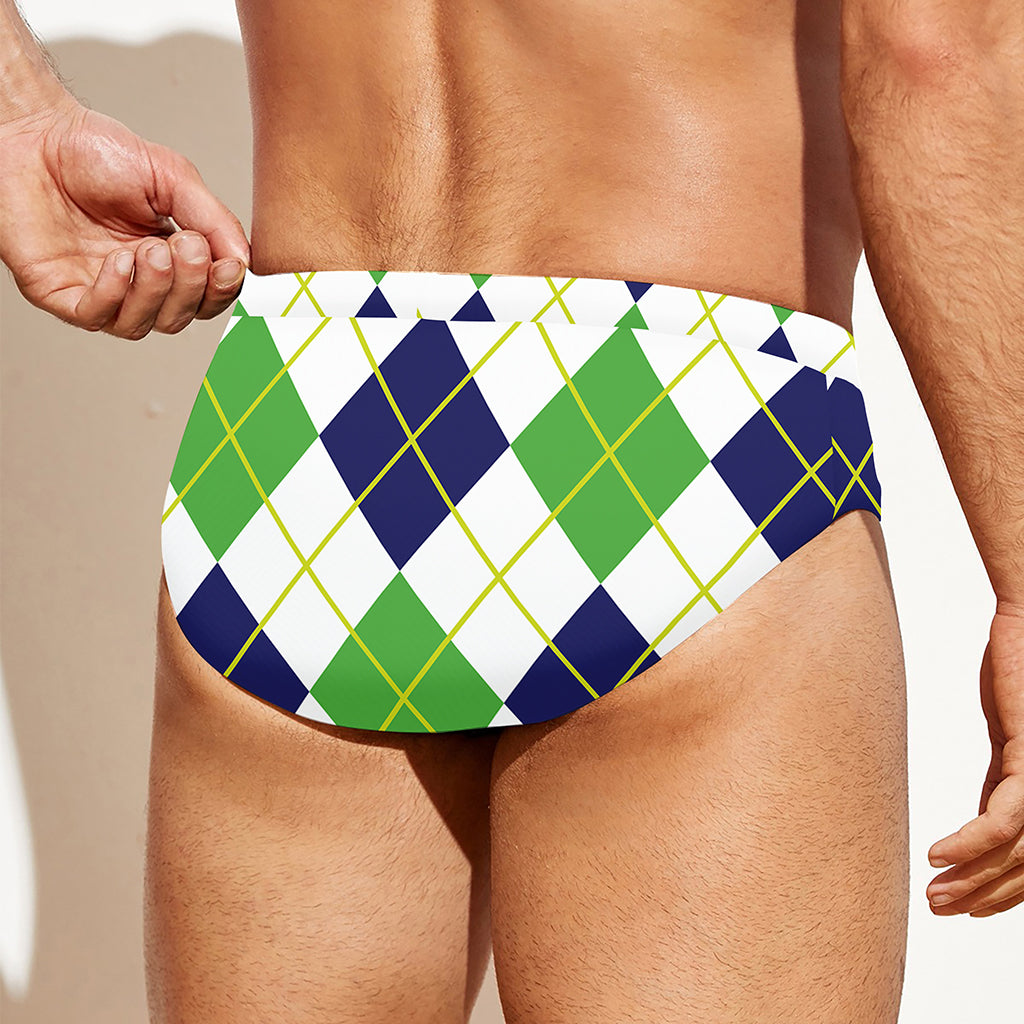 Navy Green And White Argyle Print Men's Swim Briefs