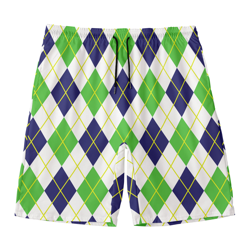 Navy Green And White Argyle Print Men's Swim Trunks