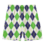 Navy Green And White Argyle Print Men's Swim Trunks