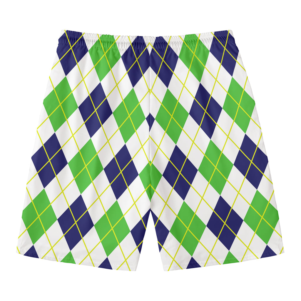 Navy Green And White Argyle Print Men's Swim Trunks