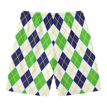 Navy Green And White Argyle Print Men's Swim Trunks