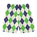 Navy Green And White Argyle Print Men's Swim Trunks