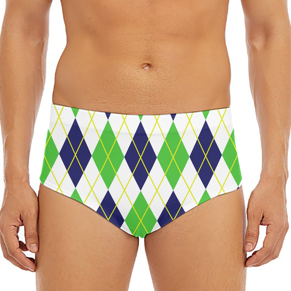 Navy Green And White Argyle Print Men's Triangle Swim Briefs