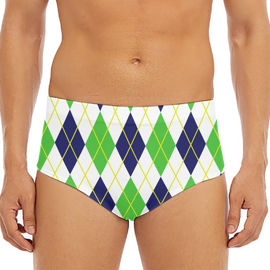 Navy Green And White Argyle Print Men's Triangle Swim Briefs