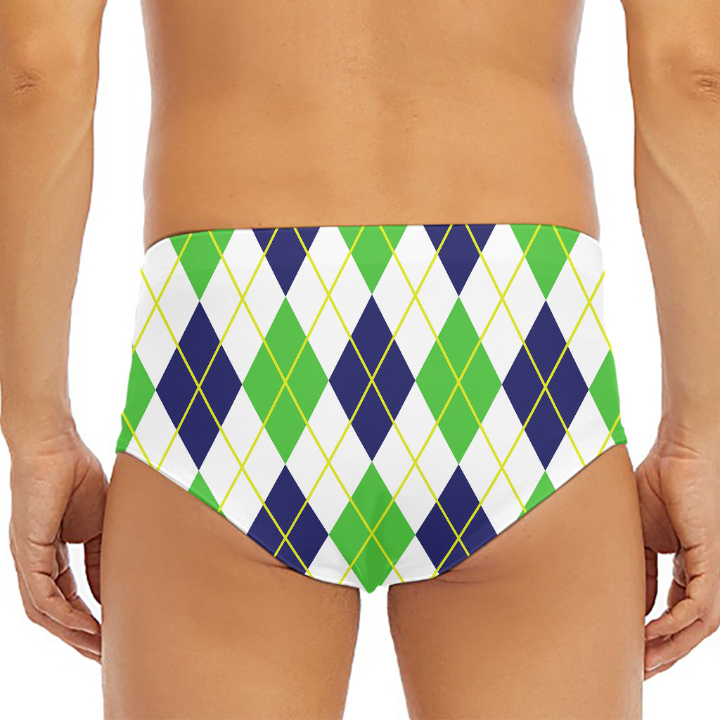 Navy Green And White Argyle Print Men's Triangle Swim Briefs