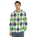Navy Green And White Argyle Print Men's Velvet Pullover Hoodie