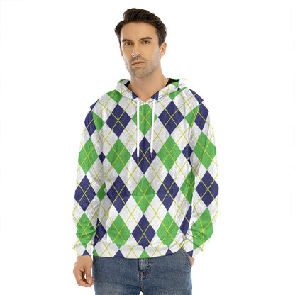 Navy Green And White Argyle Print Men's Velvet Pullover Hoodie