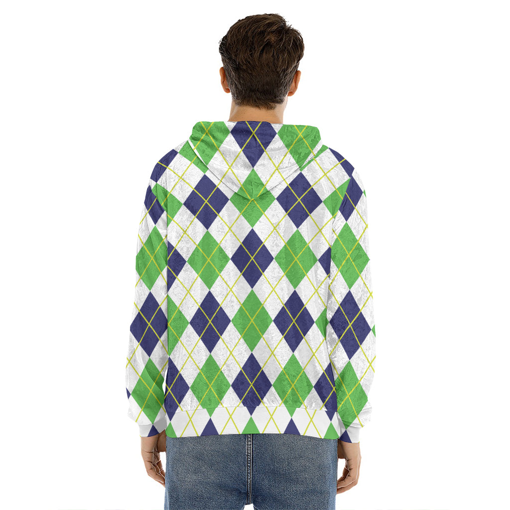 Navy Green And White Argyle Print Men's Velvet Pullover Hoodie