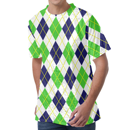Navy Green And White Argyle Print Men's Velvet T-Shirt