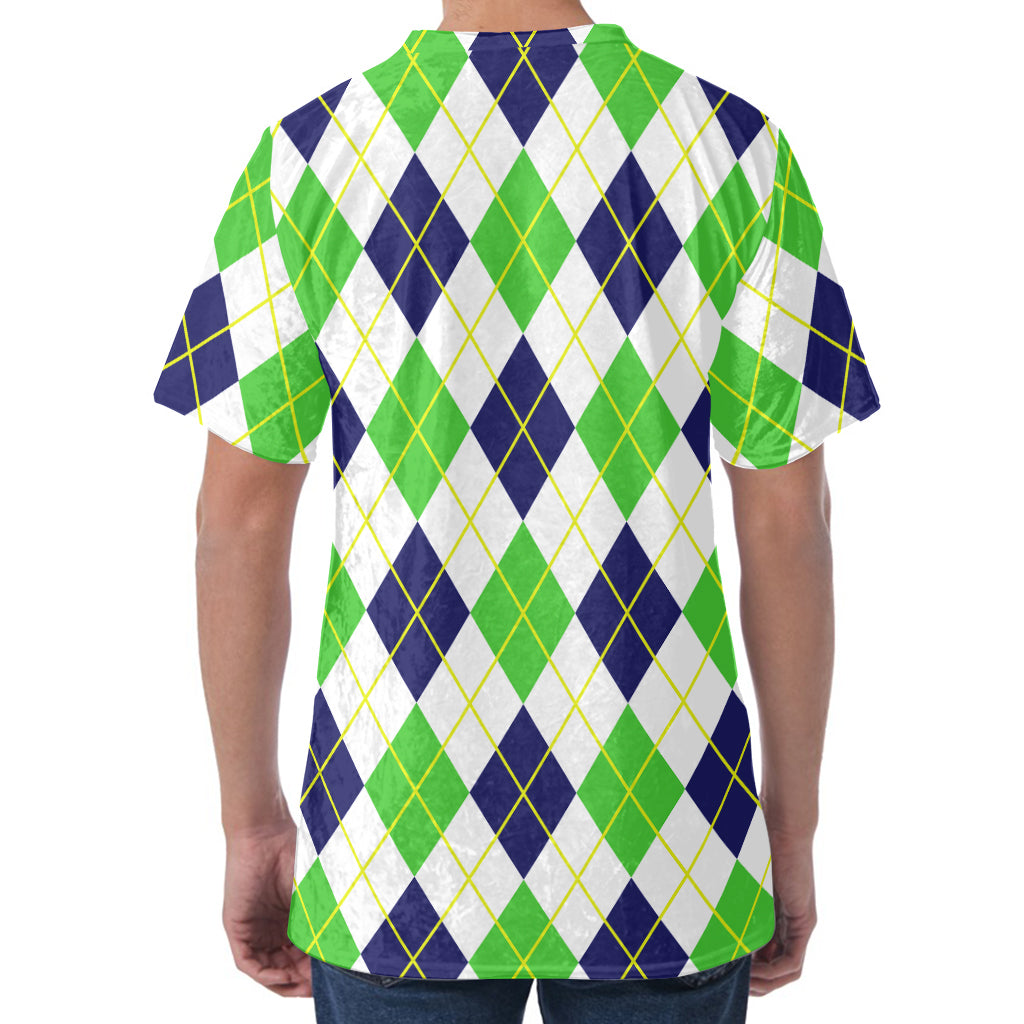 Navy Green And White Argyle Print Men's Velvet T-Shirt