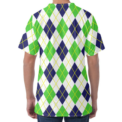 Navy Green And White Argyle Print Men's Velvet T-Shirt