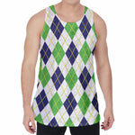 Navy Green And White Argyle Print Men's Velvet Tank Top