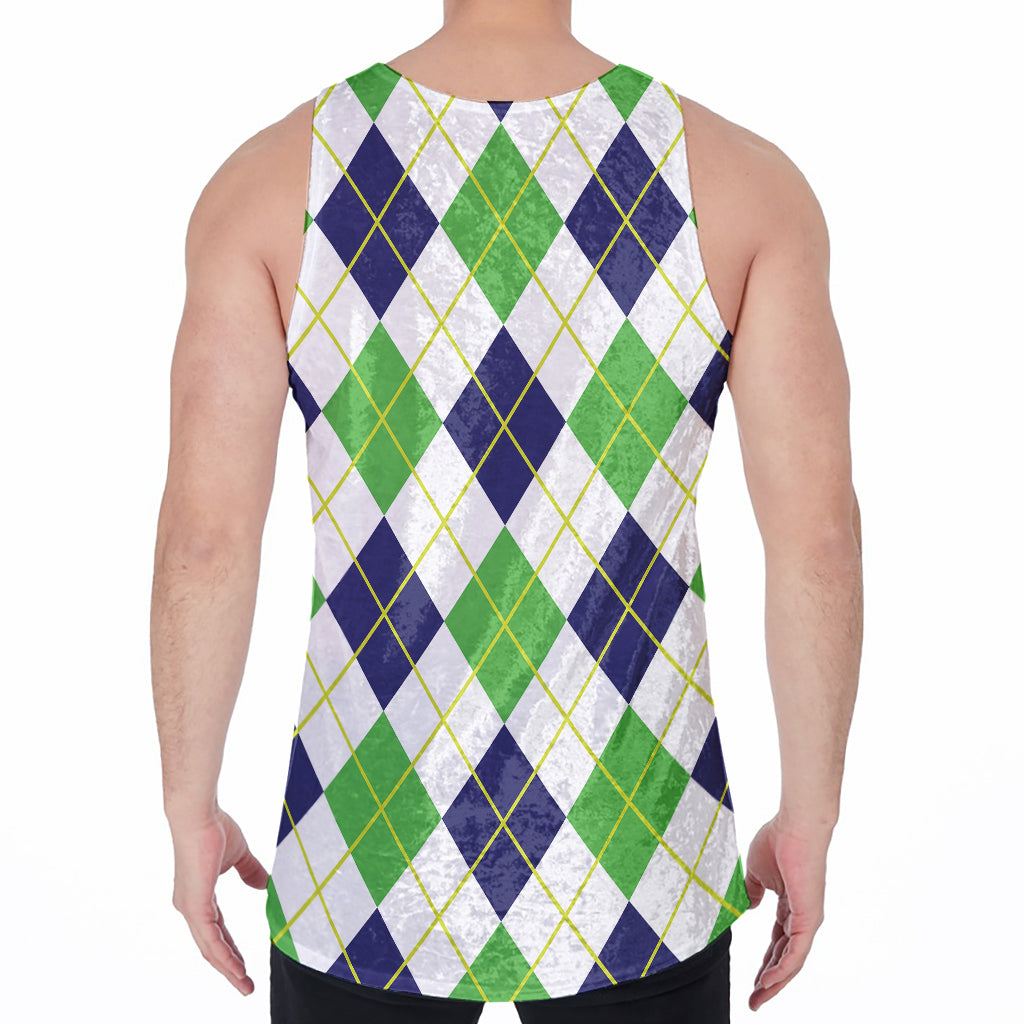 Navy Green And White Argyle Print Men's Velvet Tank Top
