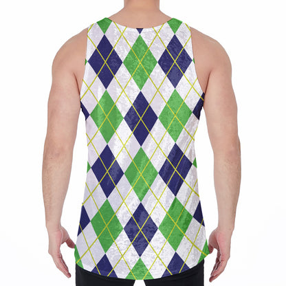 Navy Green And White Argyle Print Men's Velvet Tank Top