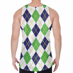 Navy Green And White Argyle Print Men's Velvet Tank Top