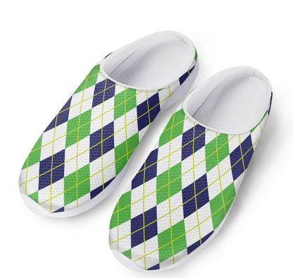 Navy Green And White Argyle Print Mesh Casual Shoes