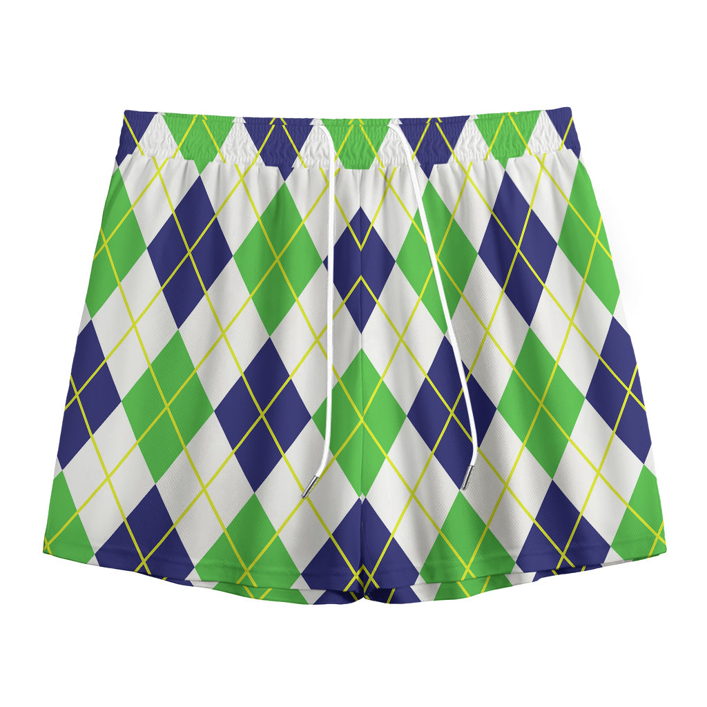 Navy Green And White Argyle Print Mesh Shorts