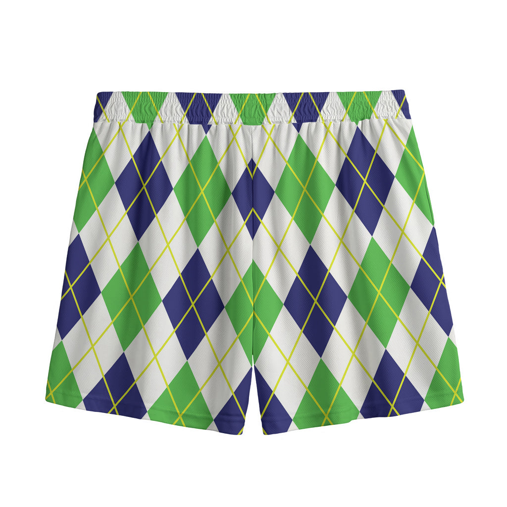 Navy Green And White Argyle Print Mesh Shorts