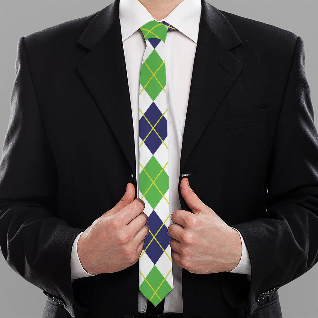 Navy Green And White Argyle Print Necktie