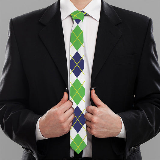 Navy Green And White Argyle Print Necktie