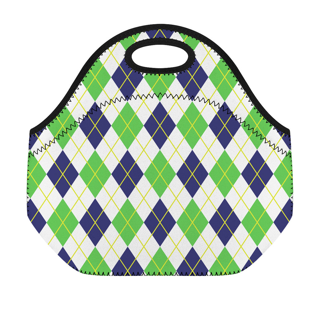 Navy Green And White Argyle Print Neoprene Lunch Bag