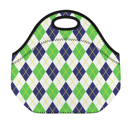 Navy Green And White Argyle Print Neoprene Lunch Bag
