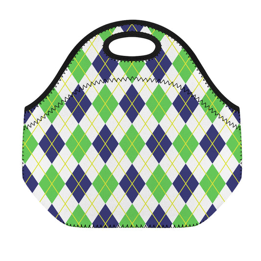 Navy Green And White Argyle Print Neoprene Lunch Bag