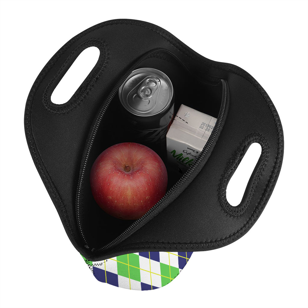 Navy Green And White Argyle Print Neoprene Lunch Bag