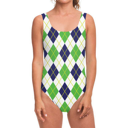 Navy Green And White Argyle Print One Piece Swimsuit