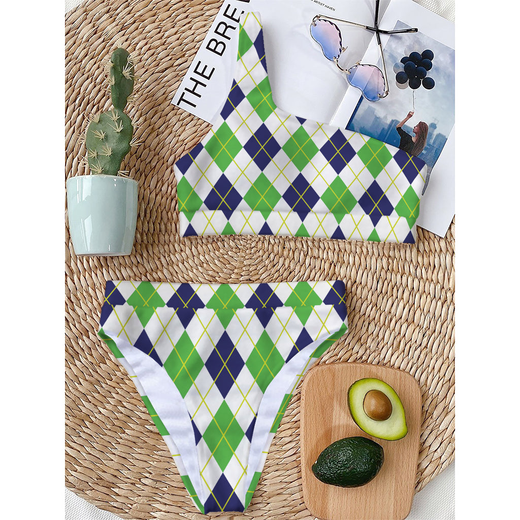 Navy Green And White Argyle Print One Shoulder Bikini Top