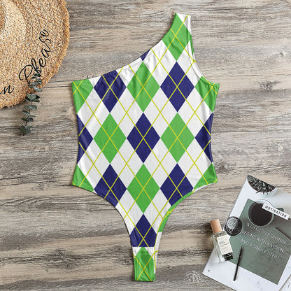 Navy Green And White Argyle Print One Shoulder Bodysuit