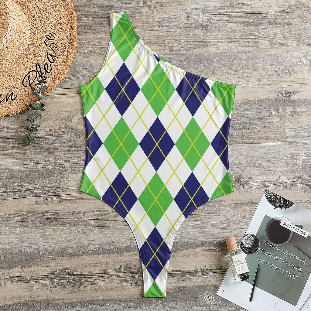 Navy Green And White Argyle Print One Shoulder Bodysuit