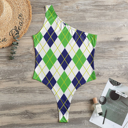 Navy Green And White Argyle Print One Shoulder Bodysuit