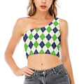 Navy Green And White Argyle Print One Shoulder Crop Top