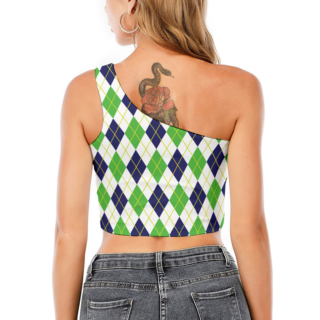 Navy Green And White Argyle Print One Shoulder Crop Top