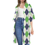 Navy Green And White Argyle Print Open Front Beach Cover Up