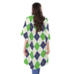 Navy Green And White Argyle Print Open Front Beach Cover Up