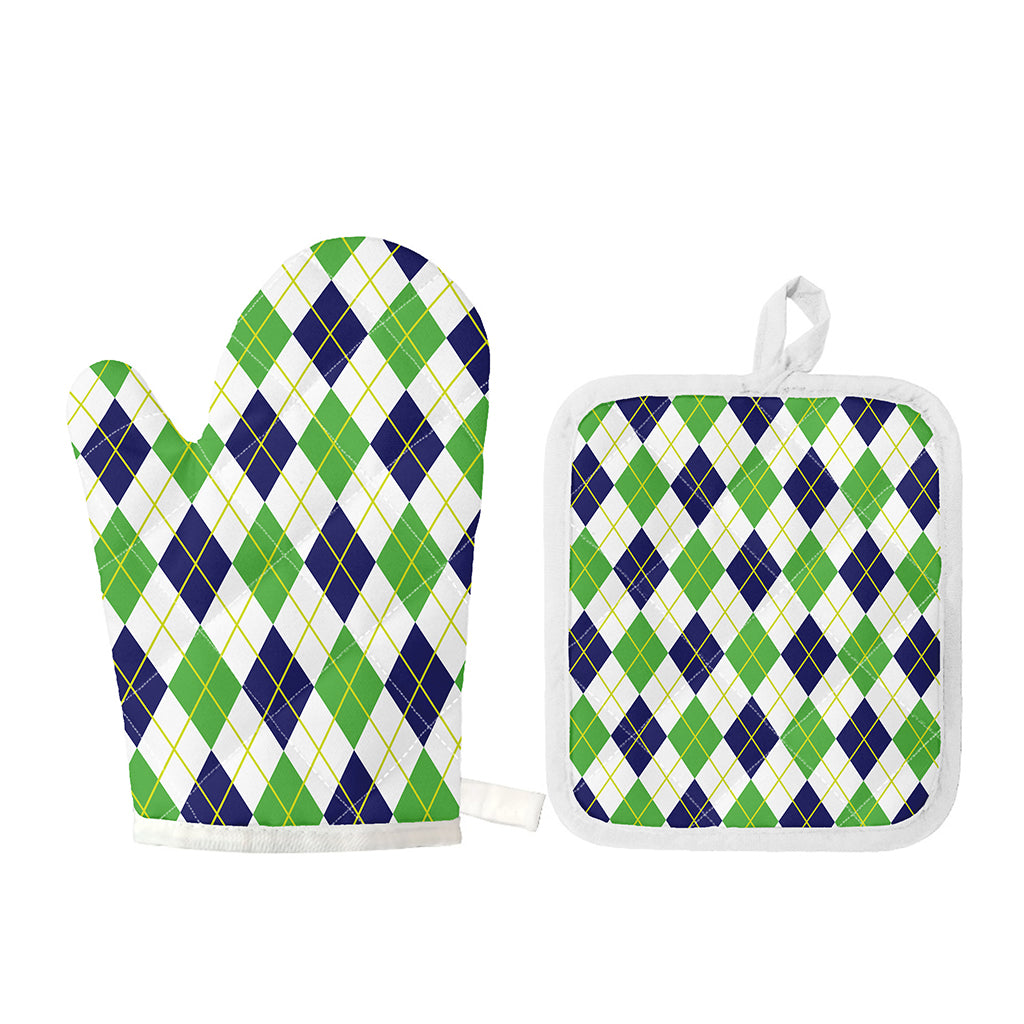 Navy Green And White Argyle Print Oven Mitt And Pot Holder Set